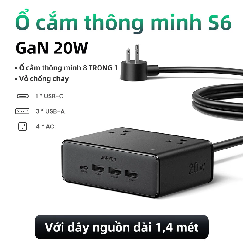 Cục Sạc Có Dây Ổ Cắm Điện Ugreen S6